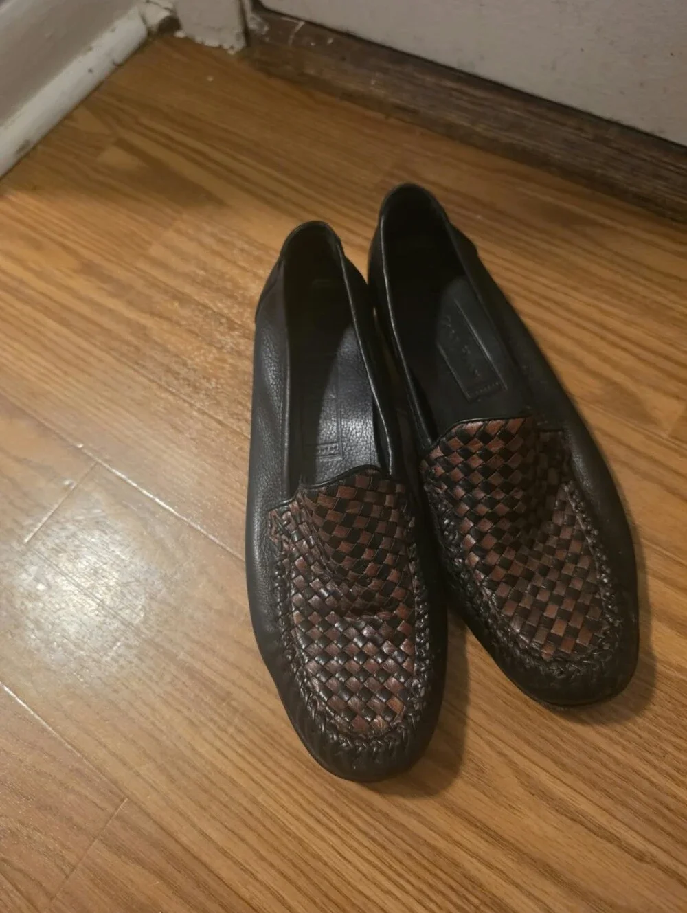 Cole Haan Black Leather Loafers with Brown Woven Vamp